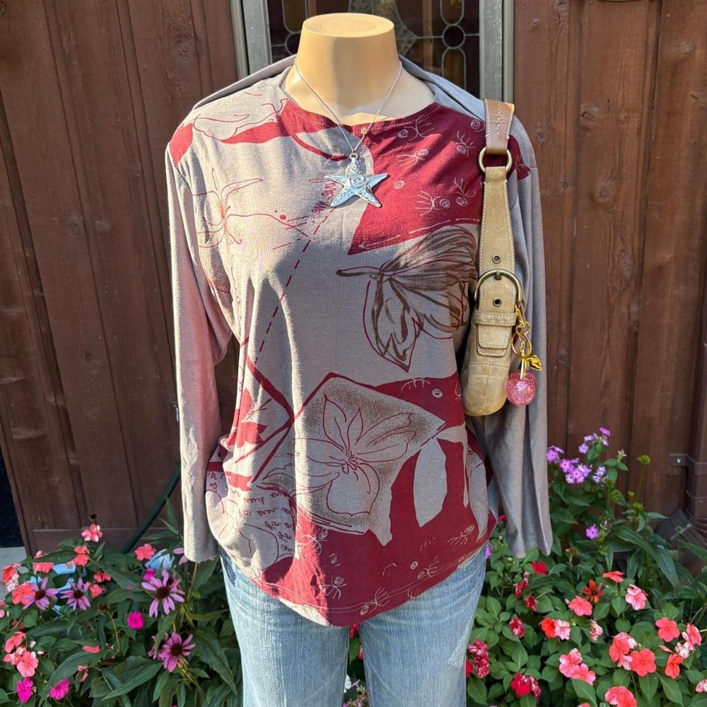 Y2K 2000s avant garde Red Gray Abstract Floral Long Sleeve Top